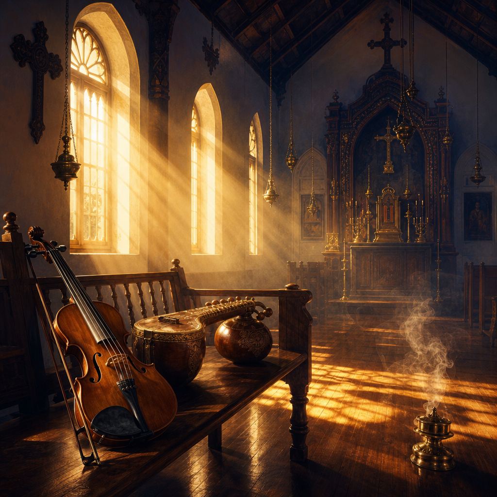 Painted interior of an old Kerala church with morning light through arched windows